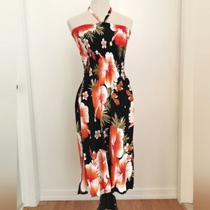 Hawaiian halter midi dress soft cotton black orange floral medium